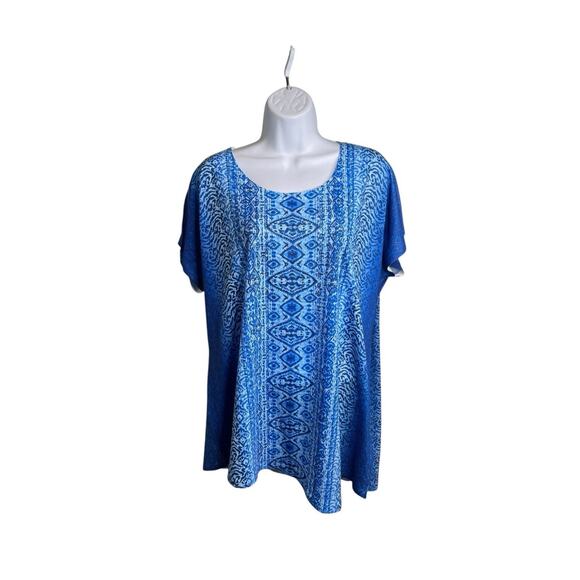 Chico's Women's Blue Ikat Boho Top Size 2 Large Festival Embellished Art To Wear - Picture 1 of 9